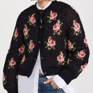 The Great. Size 2 MEDIUM CAROUSEL Black w/ roses cardigan sweater NEW NWT MINT!!